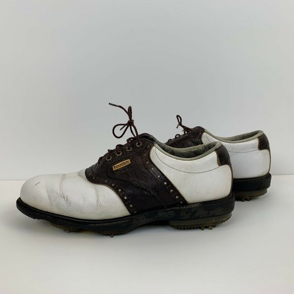 Footjoy Dryjoy Tour Pro Golf Shoes White Brown Soft Spike Mens Size 7.5 Wide - Picture 1 of 7